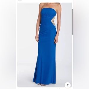 Mary L Couture blue long gown with side cut-out